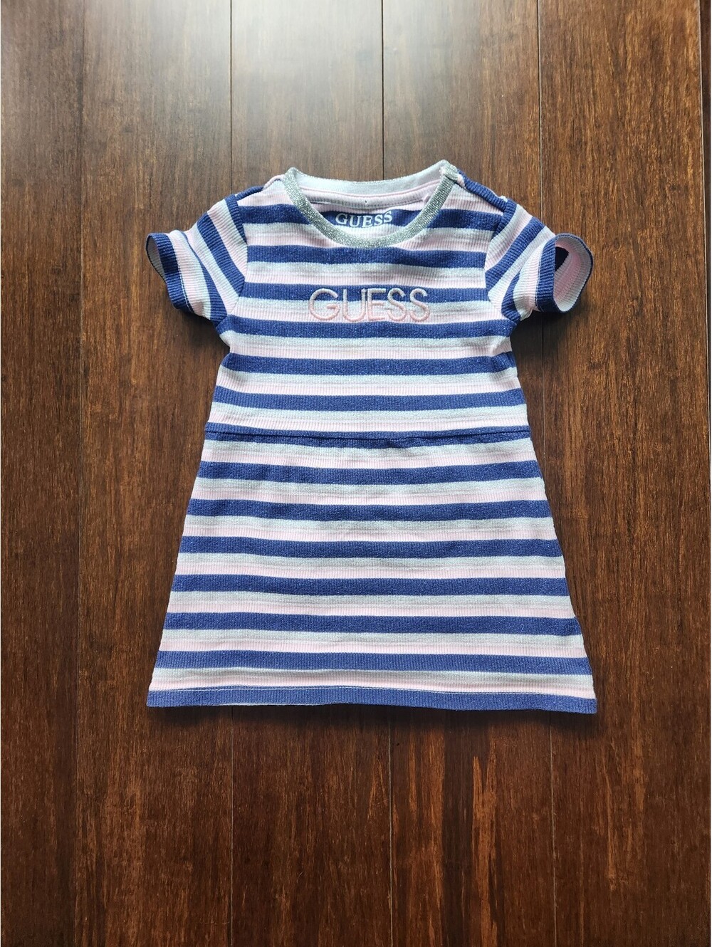 Girls Guess blue pink and silver striped ribbed t shirt dress size 2 sparkle